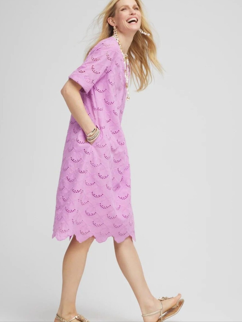 Chico's Lilac Eyelet Popover Scallop Hem Feminine Shift Dress Sz 2.5/14